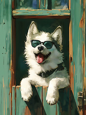 JPG 편집이미지 한마리 반려견 창문 털 웃음 사람없음 선글라스 햇빛 귀여움 강아지 디지털합성 목줄 멋쟁이 편집소스 이미지편집 편집실사 AI컴퓨터그래픽 AI콘텐츠 1 안경 컨셉 표정 반려동물 태양 개 CG 파일형식 반려용품