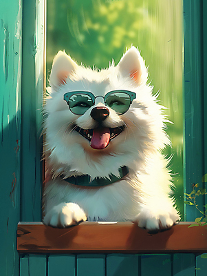 JPG 편집이미지 한마리 반려견 창문 털 웃음 사람없음 선글라스 햇빛 귀여움 강아지 디지털합성 목줄 멋쟁이 편집소스 이미지편집 편집실사 AI컴퓨터그래픽 AI콘텐츠 1 안경 컨셉 표정 반려동물 태양 개 CG 파일형식 반려용품