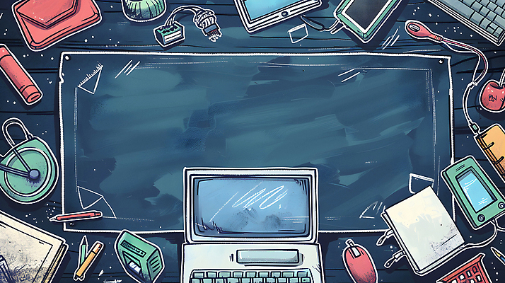 JPG 교육 일러스트 수업 프레임 사람없음 노트북 연필 칠판 키보드 마우스 연결 디지털합성 카피스페이스 국내일러스트 AI일러스트 AI콘텐츠 학용품 전자제품 필기구 컴퓨터용품 공백 파일형식