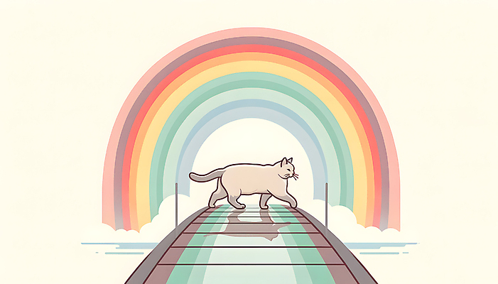 JPG 무지개 일러스트 사람없음 추억 디지털합성 건너기 무지개다리 추모 반려묘 국내일러스트 펫로스증후군 반려동물장례 AI일러스트 AI콘텐츠 자연요소 컨셉 모션 반려동물 고양이 다리_건축물 질병 장례 파일형식