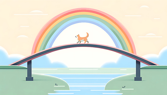 JPG 반려견 무지개 일러스트 사람없음 강 강아지 추억 디지털합성 건너기 무지개다리 추모 국내일러스트 펫로스증후군 반려동물장례 AI일러스트 AI콘텐츠 자연요소 컨셉 모션 반려동물 다리_건축물 개 질병 장례 파일형식