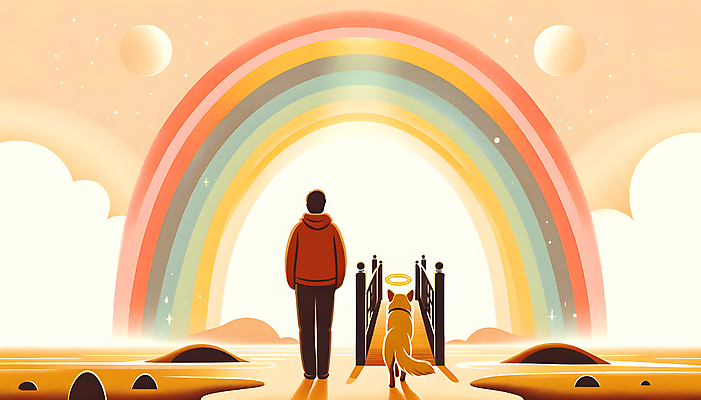 JPG 전신 남자 반려견 무지개 일러스트 한명 성인 강아지 추억 디지털합성 건너기 무지개다리 추모 성인남자한명만 국내일러스트 펫로스증후군 반려동물장례 AI일러스트 AI콘텐츠 자연요소 1 컨셉 모션 사람 반려동물 다리_건축물 개 질병 장례 남자한명만 성인남자만 파일형식