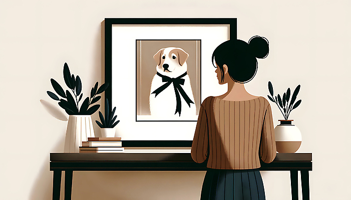 JPG 여자 화분 반려견 액자 잎 일러스트 한명 상반신 성인 책 강아지 추억 디지털합성 영정사진 장례식 추모 성인여자한명만 국내일러스트 펫로스증후군 반려동물장례 AI일러스트 AI콘텐츠 식물 1 컨셉 사람 반려동물 개 질병 장례 여자한명만 성인여자만 파일형식