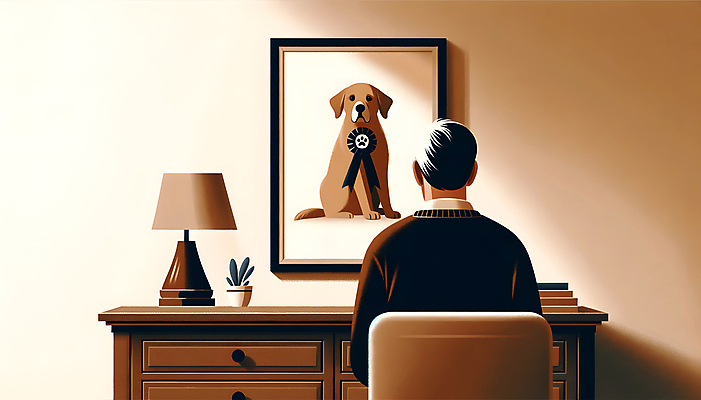 JPG 남자 화분 반려견 액자 잎 의자 일러스트 한명 상반신 성인 스탠드 강아지 추억 디지털합성 영정사진 장례식 추모 성인남자한명만 국내일러스트 펫로스증후군 반려동물장례 AI일러스트 AI콘텐츠 식물 1 가구 컨셉 조명 사람 반려동물 개 질병 장례 남자한명만 성인남자만 파일형식