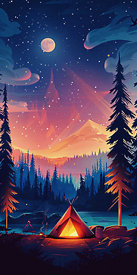 JPG 나무 호수 백그라운드 야경 일러스트 밤하늘 산 텐트 사람없음 빛 반사 일몰 캠핑 탐험 달 디지털합성 국내일러스트 AI일러스트 AI콘텐츠 자연요소 식물 하늘 레저 캠핑도구 노을 야간 파일형식 풍경_경치
