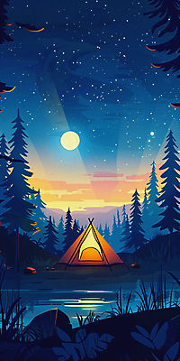 JPG 나무 호수 백그라운드 야경 일러스트 밤하늘 산 텐트 사람없음 빛 반사 일몰 캠핑 탐험 달 디지털합성 국내일러스트 AI일러스트 AI콘텐츠 자연요소 식물 하늘 레저 캠핑도구 노을 야간 파일형식 풍경_경치