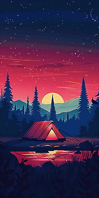 JPG 나무 호수 백그라운드 야경 일러스트 밤하늘 산 텐트 사람없음 빛 반사 일몰 캠핑 탐험 달 디지털합성 국내일러스트 AI일러스트 AI콘텐츠 자연요소 식물 하늘 레저 캠핑도구 노을 야간 파일형식 풍경_경치