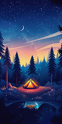 JPG 나무 호수 백그라운드 야경 일러스트 밤하늘 산 텐트 사람없음 빛 반사 일몰 캠핑 탐험 달 디지털합성 국내일러스트 AI일러스트 AI콘텐츠 자연요소 식물 하늘 레저 캠핑도구 노을 야간 파일형식 풍경_경치