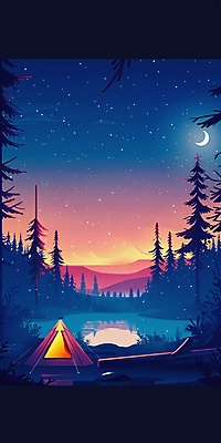 JPG 나무 호수 백그라운드 야경 일러스트 밤하늘 산 텐트 사람없음 빛 반사 일몰 캠핑 탐험 달 디지털합성 국내일러스트 AI일러스트 AI콘텐츠 자연요소 식물 하늘 레저 캠핑도구 노을 야간 파일형식 풍경_경치