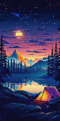 JPG 나무 호수 백그라운드 야경 일러스트 밤하늘 산 텐트 사람없음 빛 반사 일몰 캠핑 탐험 달 디지털합성 국내일러스트 AI일러스트 AI콘텐츠 자연요소 식물 하늘 레저 캠핑도구 노을 야간 파일형식 풍경_경치