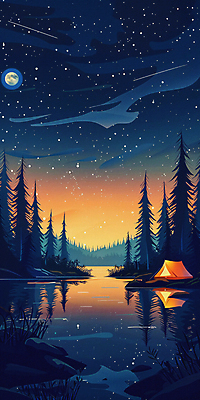 JPG 나무 호수 백그라운드 야경 일러스트 밤하늘 산 텐트 사람없음 빛 반사 일몰 캠핑 탐험 달 디지털합성 국내일러스트 AI일러스트 AI콘텐츠 자연요소 식물 하늘 레저 캠핑도구 노을 야간 파일형식 풍경_경치