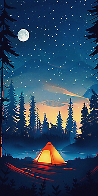 JPG 나무 호수 백그라운드 야경 일러스트 밤하늘 산 텐트 사람없음 빛 반사 일몰 캠핑 탐험 달 디지털합성 국내일러스트 AI일러스트 AI콘텐츠 자연요소 식물 하늘 레저 캠핑도구 노을 야간 파일형식 풍경_경치