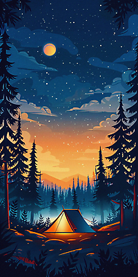 JPG 나무 호수 백그라운드 야경 일러스트 밤하늘 산 텐트 사람없음 빛 반사 일몰 캠핑 탐험 달 디지털합성 국내일러스트 AI일러스트 AI콘텐츠 자연요소 식물 하늘 레저 캠핑도구 노을 야간 파일형식 풍경_경치