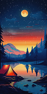 JPG 나무 호수 백그라운드 야경 일러스트 밤하늘 산 텐트 사람없음 빛 반사 일몰 캠핑 탐험 달 디지털합성 국내일러스트 AI일러스트 AI콘텐츠 자연요소 식물 하늘 레저 캠핑도구 노을 야간 파일형식 풍경_경치