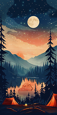 JPG 나무 호수 백그라운드 야경 일러스트 밤하늘 산 텐트 사람없음 빛 반사 일몰 캠핑 탐험 달 디지털합성 국내일러스트 AI일러스트 AI콘텐츠 자연요소 식물 하늘 레저 캠핑도구 노을 야간 파일형식 풍경_경치