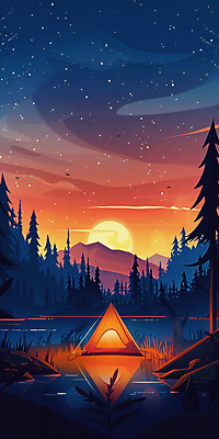 JPG 나무 호수 백그라운드 야경 일러스트 밤하늘 산 텐트 사람없음 빛 반사 일몰 캠핑 탐험 달 디지털합성 국내일러스트 AI일러스트 AI콘텐츠 자연요소 식물 하늘 레저 캠핑도구 노을 야간 파일형식 풍경_경치