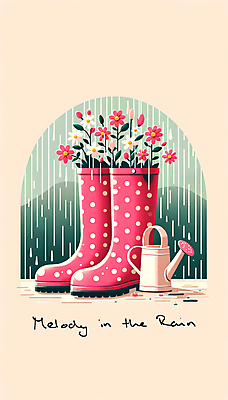 JPG 꽃 분홍색 백그라운드 잎 일러스트 텍스트 장화 사람없음 물방울무늬 봄 물뿌리개 빗방울 디지털합성 감성 국내일러스트 AI일러스트 AI콘텐츠 식물 계절 컬러 신발 컨셉 무늬 비_날씨 파일형식