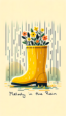 JPG 꽃 백그라운드 잎 일러스트 텍스트 장화 사람없음 노란색 봄 빗방울 디지털합성 감성 국내일러스트 AI일러스트 AI콘텐츠 식물 계절 컬러 신발 컨셉 비_날씨 파일형식