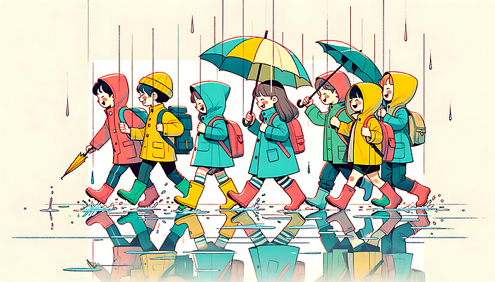 JPG 전신 여자 남자 어린이 일러스트 우산 장화 미소 들기 소녀 소년 여러명 반사 봄비 빗방울 디지털합성 즐거움 등교 튀는물 웅덩이 우비 어린이만 국내일러스트 AI일러스트 AI콘텐츠 옷 감정 다수 신발 모션 표정 사람 봄 비_날씨 등하교 액체표현 스플래쉬 파일형식