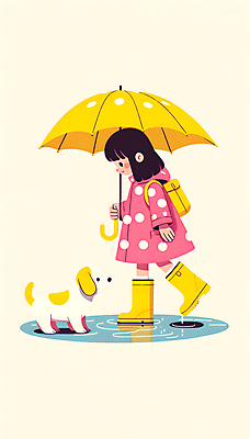 JPG 전신 여자 어린이 일러스트 우산 장화 한명 들기 소녀 반사 물방울무늬 봄비 강아지 빗방울 디지털합성 웅덩이 우비 소녀한명만 국내일러스트 AI일러스트 AI콘텐츠 1 옷 신발 무늬 모션 사람 반려동물 봄 비_날씨 개 여자한명만 소녀만 파일형식