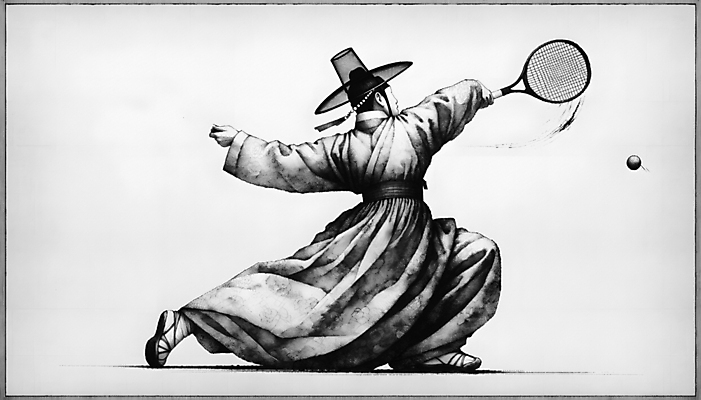 JPG 남자 스포츠 일러스트 흑백 한명 들기 성인 운동 테니스 라켓 테니스라켓 전통의상 한복 테니스공 조선시대 디지털합성 역동적 성인남자한명만 국내일러스트 AI일러스트 AI콘텐츠 1 한국전통 전통 스포츠용품 컨셉 공 모션 촬영기법 건강 사람 구기 테니스용품 역사 남자한명만 성인남자만 파일형식