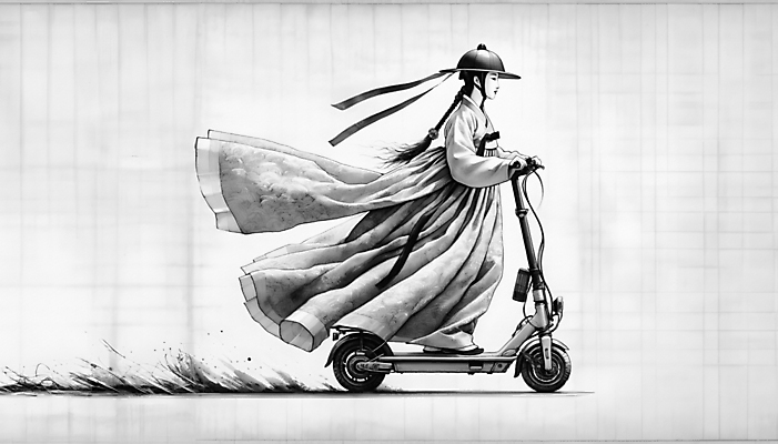 JPG 여자 스포츠 일러스트 흑백 한명 성인 운동 잡기 승차 헬멧 전통의상 한복 조선시대 디지털합성 역동적 댕기머리 댕기 성인여자한명만 전동퀵보드 국내일러스트 AI일러스트 AI콘텐츠 1 한국전통 전통 헤어스타일 육상교통 컨셉 모션 촬영기법 건강 사람 역사 보호장비 퀵보드 여자한명만 성인여자만 파일형식