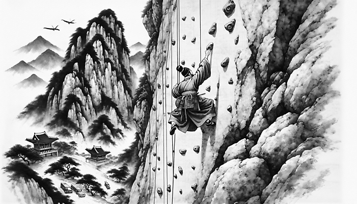 JPG 남자 스포츠 일러스트 흑백 한명 성인 운동 전통의상 한복 조선시대 디지털합성 역동적 암벽등반 클라이밍 성인남자한명만 국내일러스트 AI일러스트 AI콘텐츠 1 한국전통 전통 컨셉 촬영기법 건강 사람 등산 등반 역사 남자한명만 성인남자만 파일형식