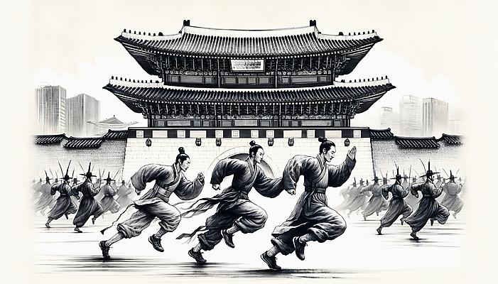 JPG 남자 스포츠 일러스트 흑백 여러명 성인 달리기 운동 궁전 전통의상 한복 조선시대 디지털합성 역동적 마라톤 성인남자만 국내일러스트 AI일러스트 AI콘텐츠 한국전통 전통 다수 컨셉 고건축 모션 촬영기법 건강 사람 경기 역사 육상스포츠 남자만 성인만 파일형식