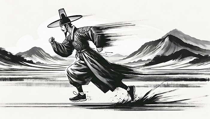 JPG 남자 스포츠 운동화 일러스트 흑백 한명 성인 달리기 운동 전통의상 한복 조선시대 디지털합성 속도 역동적 성인남자한명만 국내일러스트 AI일러스트 AI콘텐츠 갓모자 모자_잡화 1 한국전통 전통 신발 컨셉 모션 전통소품 촬영기법 건강 사람 역사 남자한명만 성인남자만 파일형식