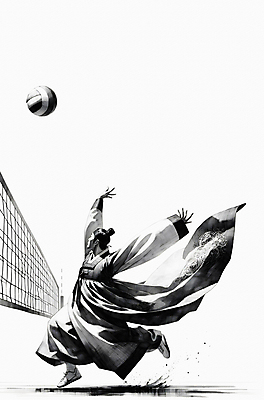 JPG 남자 스포츠 일러스트 흑백 한명 성인 운동 점프 네트 전통의상 한복 배구 조선시대 디지털합성 역동적 배구공 스파이크 성인남자한명만 국내일러스트 AI일러스트 AI콘텐츠 1 한국전통 전통 스포츠용품 컨셉 공 모션 촬영기법 건강 사람 구기 역사 남자한명만 성인남자만 파일형식