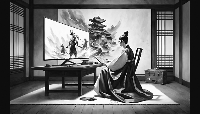 JPG 남자 스포츠 일러스트 흑백 한명 앉기 성인 컴퓨터 운동 모니터 게임 전통의상 한복 조선시대 디지털합성 역동적 프로게이머 성인남자한명만 e스포츠 국내일러스트 AI일러스트 AI콘텐츠 직업 1 한국전통 전통 컨셉 모션 놀이 촬영기법 건강 사람 전자제품 역사 게이머 남자한명만 성인남자만 파일형식