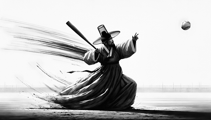 JPG 남자 스포츠 일러스트 흑백 한명 들기 성인 운동 야구 야구방망이 스윙 전통의상 한복 조선시대 디지털합성 야구공 역동적 성인남자한명만 국내일러스트 AI일러스트 AI콘텐츠 1 한국전통 전통 포즈 컨셉 공 모션 촬영기법 건강 사람 구기 야구용품 역사 남자한명만 성인남자만 파일형식