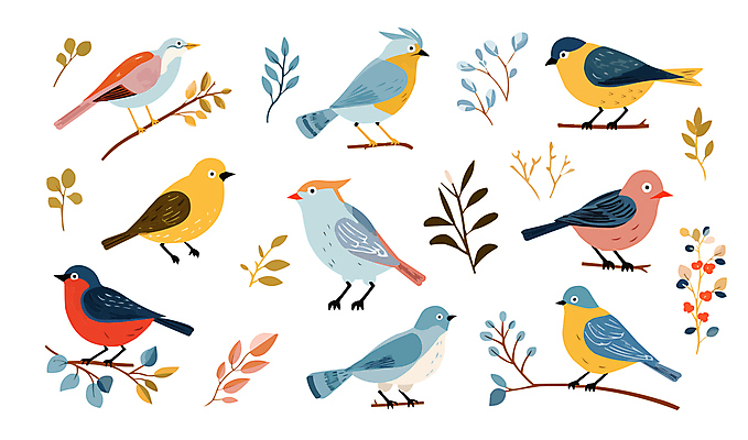여러마리 일러스트 조류 나뭇잎 사람없음 세트 다양 나뭇가지 꽃봉오리 국내일러스트 AI파일 나무 동물 꽃 다수 잎 파일형식 벡터