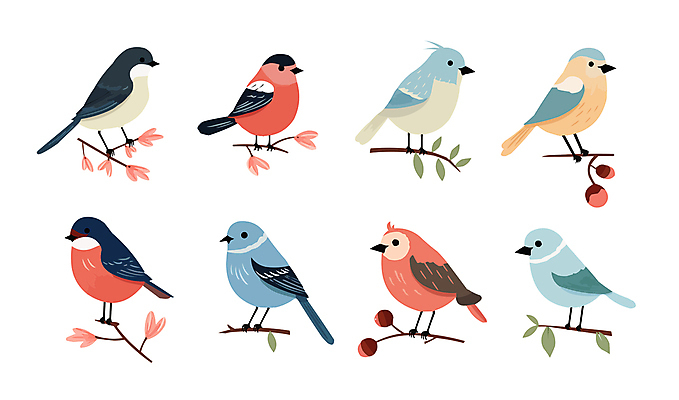 여러마리 일러스트 조류 나뭇잎 사람없음 세트 다양 나뭇가지 꽃봉오리 국내일러스트 AI파일 나무 동물 꽃 다수 잎 파일형식 벡터