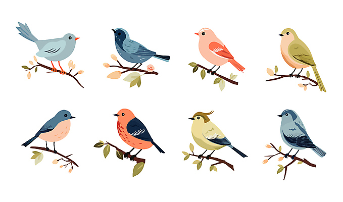 여러마리 일러스트 조류 나뭇잎 사람없음 세트 다양 나뭇가지 꽃봉오리 국내일러스트 AI파일 나무 동물 꽃 다수 잎 파일형식 벡터