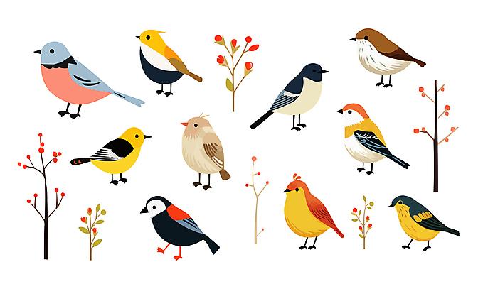 여러마리 일러스트 조류 나뭇잎 사람없음 세트 다양 나뭇가지 꽃봉오리 국내일러스트 AI파일 나무 동물 꽃 다수 잎 파일형식 벡터