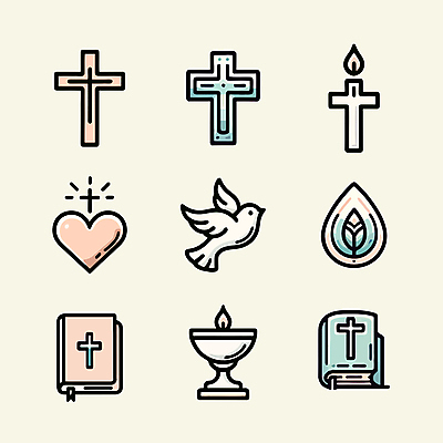 아이콘 기독교 십자가 초 나뭇잎 사람없음 세트 성경 하트 비둘기 2D아이콘 AI파일 모양 종교 잎 종교용품 조류 파일형식 벡터
