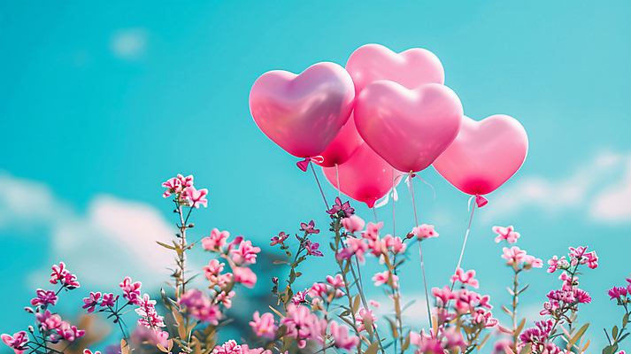JPG 구름 편집이미지 분홍색 꽃밭 자연 하늘 사랑 사람없음 야외 햇빛 봄 디지털합성 하트풍선 편집실사 AI포토 AI콘텐츠 자연요소 계절 꽃 감정 컬러 태양 하트 CG 생태계 풍선 파일형식