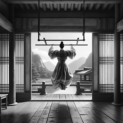 JPG 전신 남자 일러스트 한옥 흑백 매달리기 한명 성인 운동 헬스 잡기 한복 조선시대 상투 양반 철봉 턱걸이 성인남자한명만 국내일러스트 AI일러스트 AI콘텐츠 1 한국전통 고건축 모션 촬영기법 건강 사람 운동기구 역사 전통의상 신분 남자한명만 성인남자만 파일형식