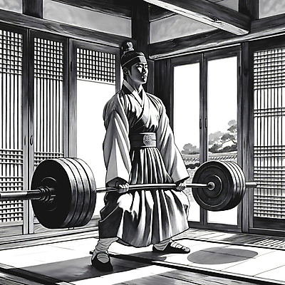 JPG 전신 남자 일러스트 한옥 흑백 한명 들기 성인 운동 헬스 역기 한복 조선시대 상투 양반 무거움 성인남자한명만 무산소운동 국내일러스트 AI일러스트 AI콘텐츠 1 한국전통 고건축 모션 촬영기법 건강 사람 역사 무게 전통의상 신분 남자한명만 성인남자만 파일형식