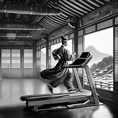 JPG 전신 남자 일러스트 한옥 흑백 한명 성인 달리기 운동 헬스 한복 조선시대 런닝머신 양반 유산소운동 성인남자한명만 국내일러스트 AI일러스트 AI콘텐츠 1 한국전통 고건축 모션 촬영기법 건강 사람 운동기구 역사 전통의상 신분 남자한명만 성인남자만 파일형식