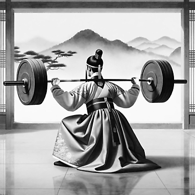 JPG 전신 남자 일러스트 한옥 흑백 한명 들기 성인 운동 헬스 역기 한복 조선시대 양반 무거움 원판 성인남자한명만 스쿼트 무산소운동 국내일러스트 AI일러스트 AI콘텐츠 1 한국전통 고건축 모션 촬영기법 건강 사람 역사 무게 전통의상 신분 남자한명만 성인남자만 파일형식 운동자세