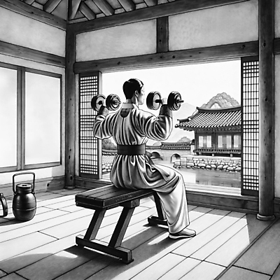 JPG 전신 남자 의자 일러스트 한옥 흑백 한명 들기 앉기 성인 운동 헬스 아령 한복 조선시대 양반 성인남자한명만 무산소운동 국내일러스트 AI일러스트 AI콘텐츠 1 한국전통 가구 고건축 모션 촬영기법 건강 사람 역사 전통의상 신분 남자한명만 성인남자만 파일형식