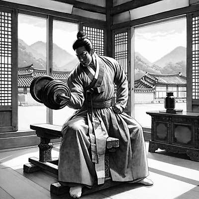 JPG 전신 남자 의자 일러스트 한옥 흑백 한명 들기 앉기 성인 운동 헬스 아령 한복 조선시대 상투 양반 무거움 성인남자한명만 무산소운동 국내일러스트 AI일러스트 AI콘텐츠 1 한국전통 가구 고건축 모션 촬영기법 건강 사람 역사 무게 전통의상 신분 남자한명만 성인남자만 파일형식