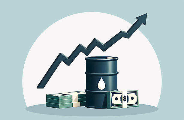 JPG 화살표 지폐 돈 일러스트 사람없음 경제 파란색 달러 에너지 시세 휘발유 석유 상승 연료 자원 기름값 기름통 석유통 원자재 국내일러스트 AI일러스트 AI콘텐츠 컬러 컨셉 통 금융 재산 가격 파일형식