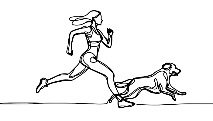 여자 반려견 라인일러스트 일러스트 한명 성인 운동복 달리기 조깅 운동 검은색 산책 흰색 개 드로잉 단순화된 성인여자한명만 국내일러스트 AI파일 1 옷 컬러 포유류 모션 휴식 건강 미술 사람 반려동물 여자한명만 성인여자만 파일형식 벡터