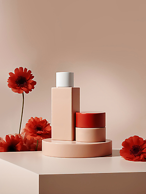 JPG 편집이미지 국화 사람없음 빨간색 뷰티 화장품 디지털합성 모던 심플 공병 베이지색 목업 편집소스 세련 편집실사 AI포토 AI콘텐츠 꽃 컬러 CG 병_담는 파일형식