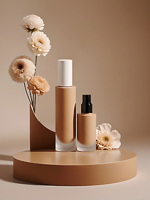JPG 편집이미지 꽃 국화 사람없음 뷰티 화장품 디지털합성 모던 심플 스킨케어 공병 베이지색 목업 편집소스 세련 편집실사 AI포토 AI콘텐츠 식물 컬러 CG 병_담는 파일형식