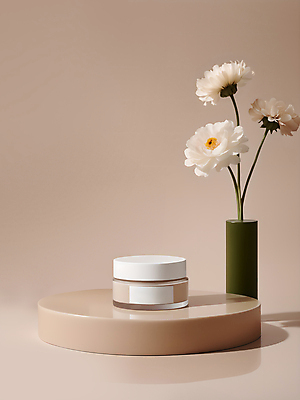 JPG 편집이미지 꽃 사람없음 뷰티 화장품 크림 디지털합성 모던 데이지 심플 공병 베이지색 목업 편집소스 세련 편집실사 AI포토 AI콘텐츠 식물 컬러 CG 병_담는 파일형식