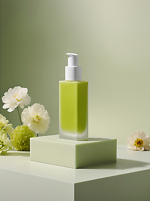 JPG 편집이미지 꽃 백그라운드 사람없음 연두색 뷰티 화장품 디지털합성 모던 데이지 심플 공병 클렌징폼 목업 편집소스 세련 편집실사 AI포토 AI콘텐츠 식물 초록색 CG 세안용품 병_담는 파일형식